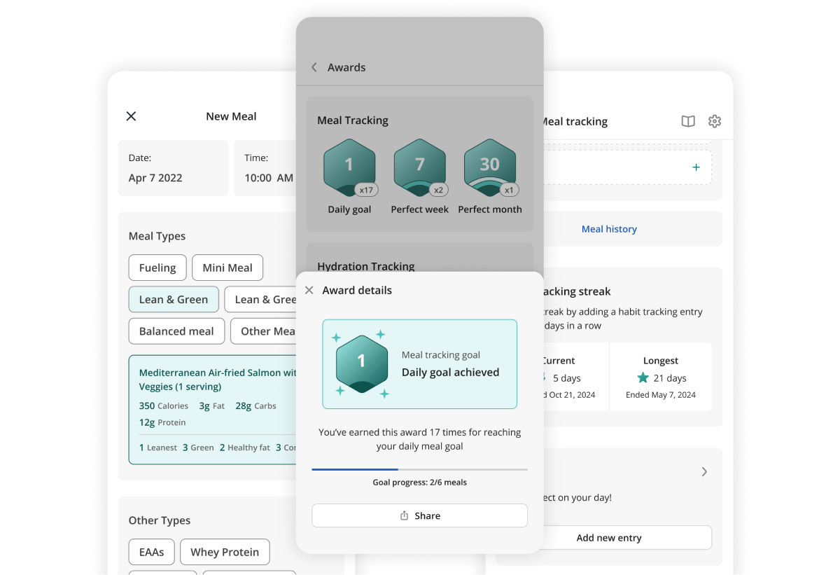 OPTAVIA meal logging flow with an awards sheet showing a daily goal achievement badge
