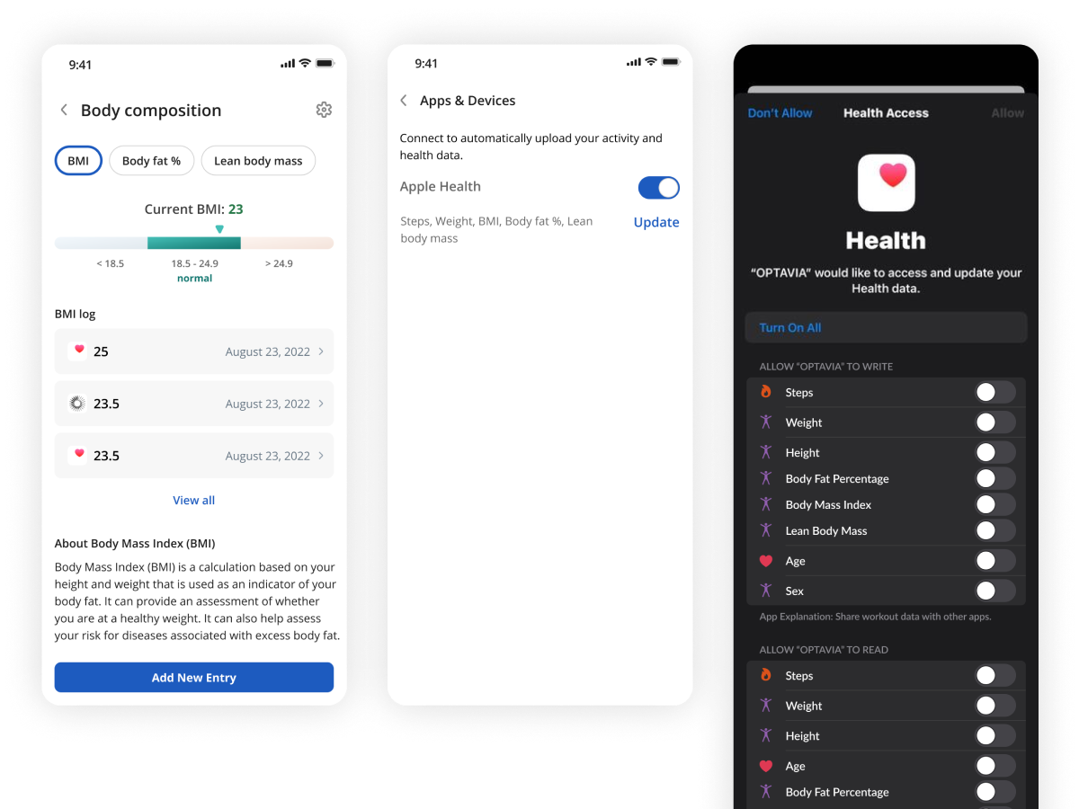OPTAVIA Body composition screen, Apps & Devices screen with Apple Health connection, and the iOS Health access prompt