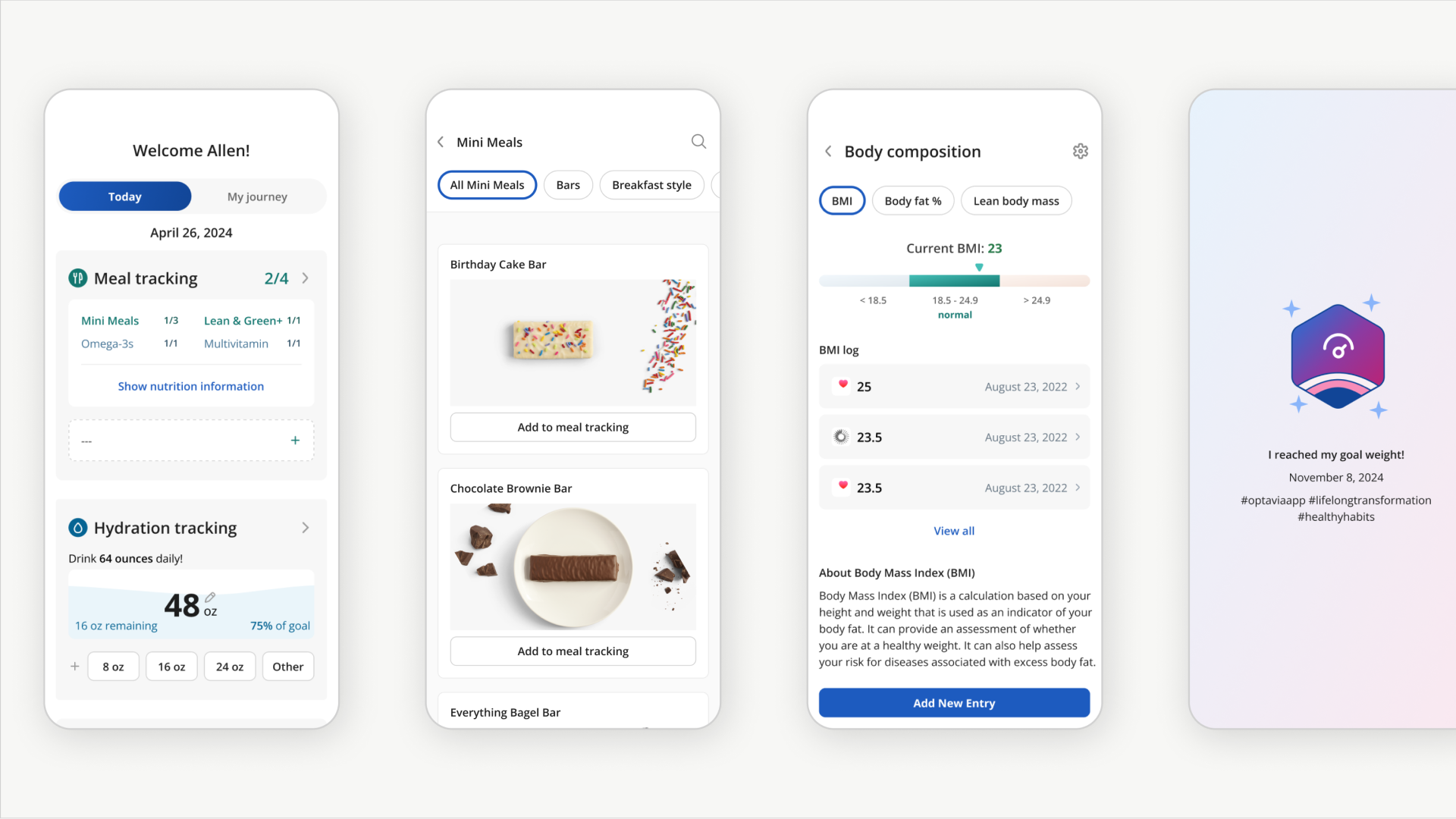 Four OPTAVIA app screens: Today dashboard with meal and hydration tracking, Mini Meals list, Body composition, and a goal-weight achievement share card