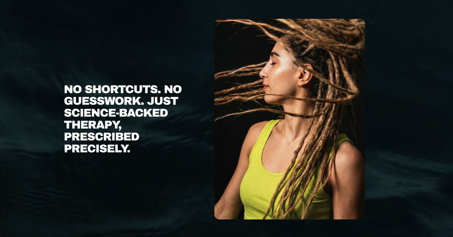 REBL hero: dark background with the line "No shortcuts. No guesswork. Just science-backed therapy, prescribed precisely." beside a portrait