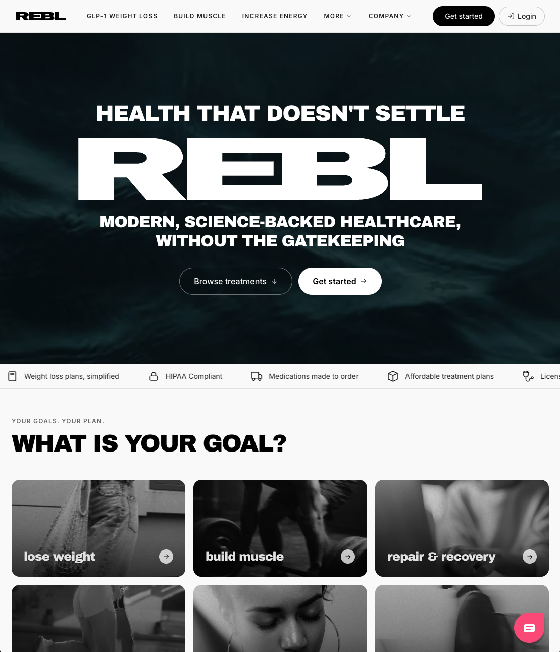 REBL homepage with the "Health that doesn't settle" hero and a "What is your goal?" category grid