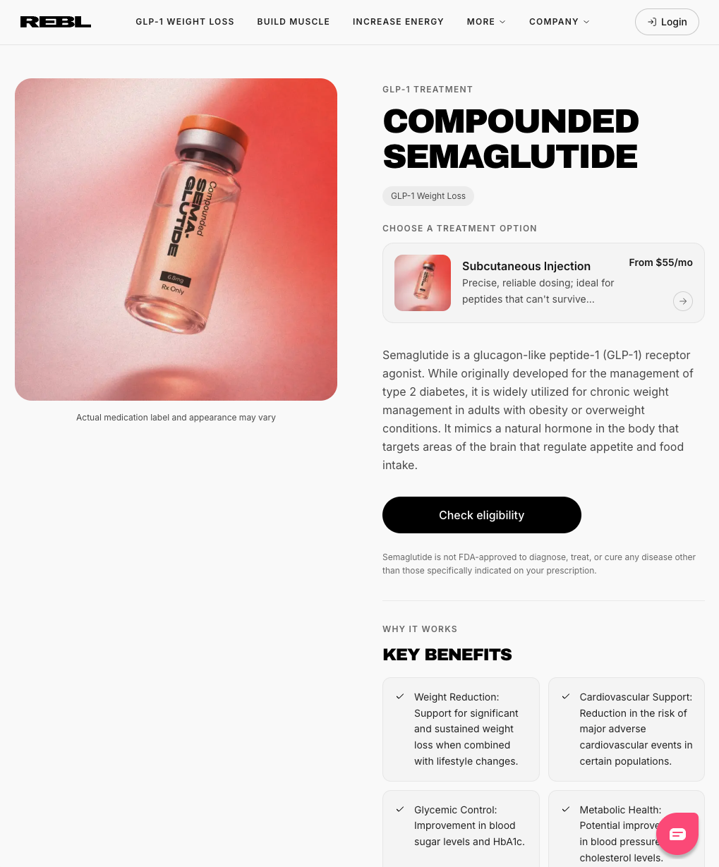 Compounded semaglutide medication page with treatment option, description, and key benefits