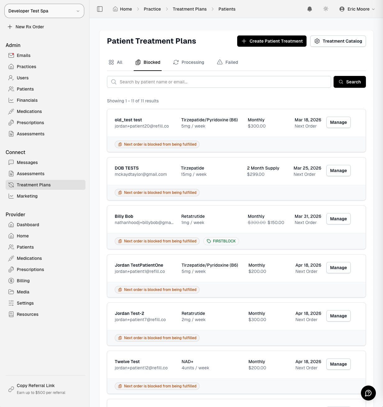Clinician admin dashboard listing patient treatment plans with blocked-order flags