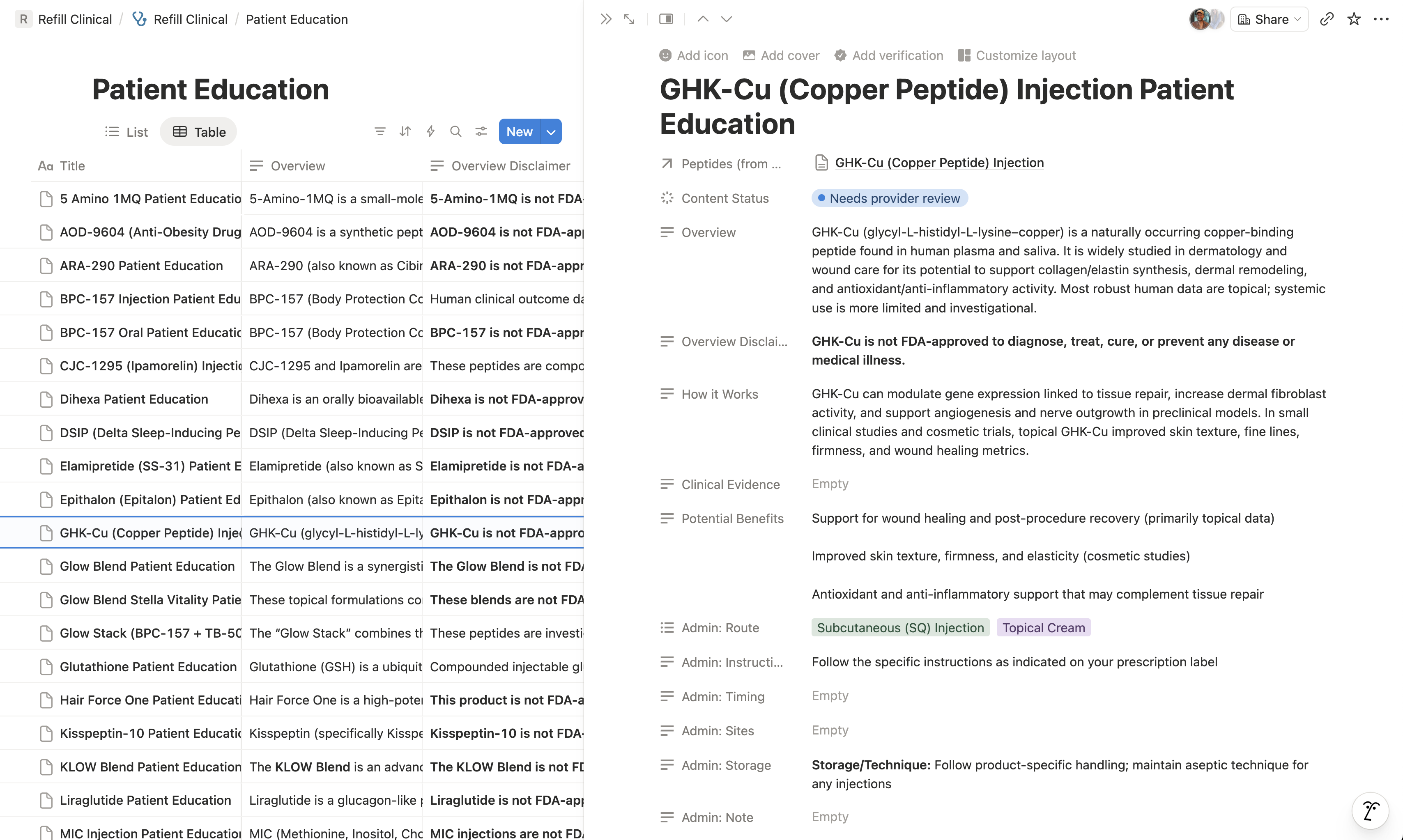 Notion Patient Education database beside an open entry with overview, how it works, and admin fields