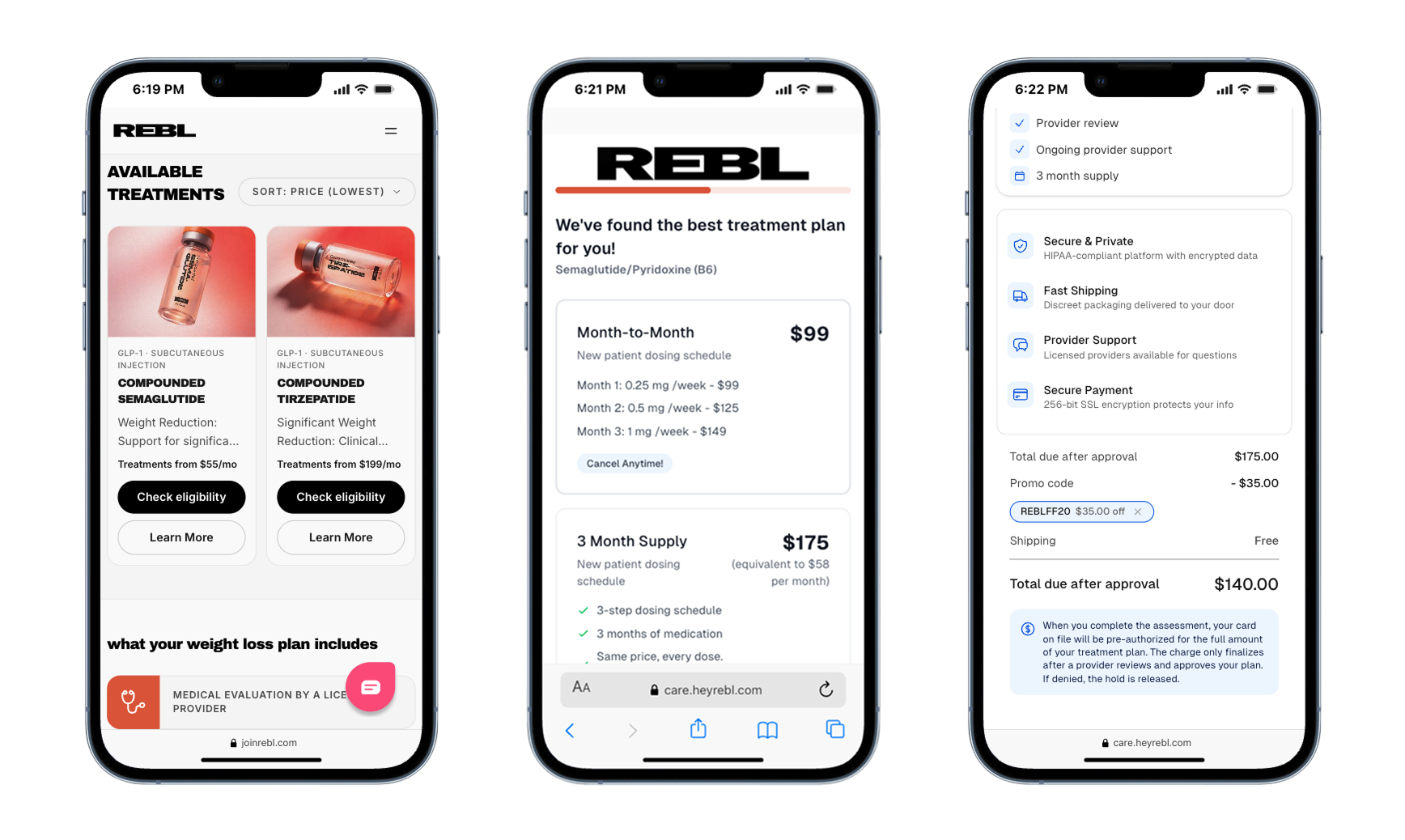 Three mobile screens of the REBL treatment list, plan selection, and checkout with a promo code