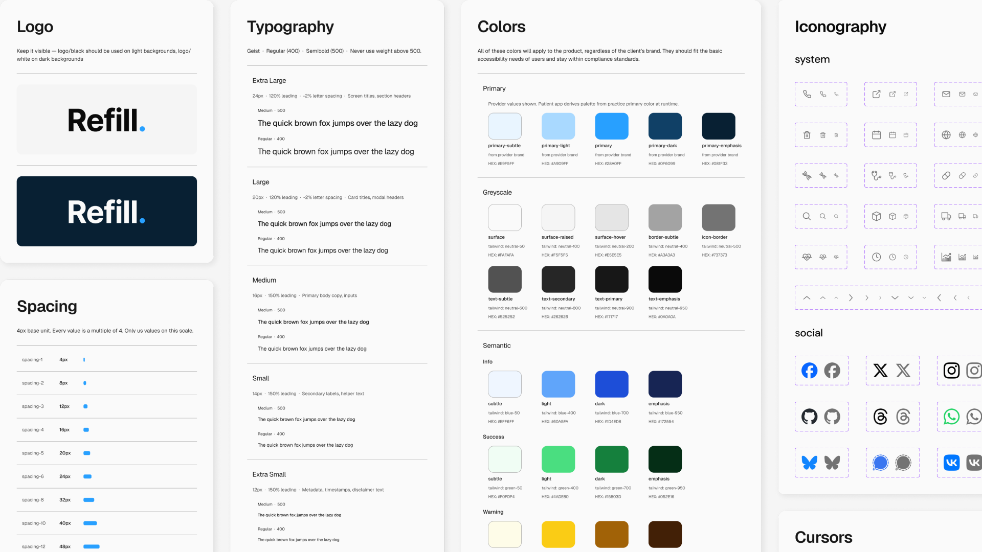 Script design system reference showing logo, typography scale, spacing, color tokens, and iconography